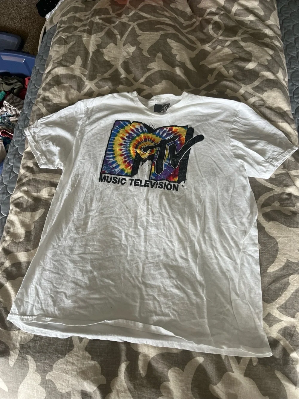 MTV Tie Dye Print White T-shirt Tee Mens Size Large 80s 90s  Cotton Logo